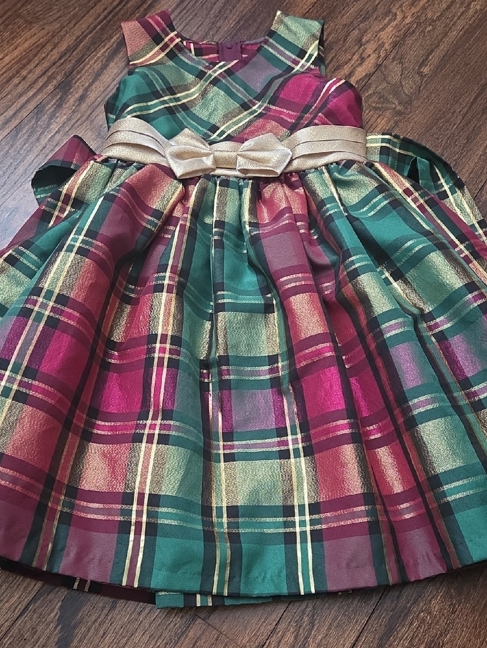 Bonnie Jean Red, Green & Gold Plaid Holiday Dress with Bow
